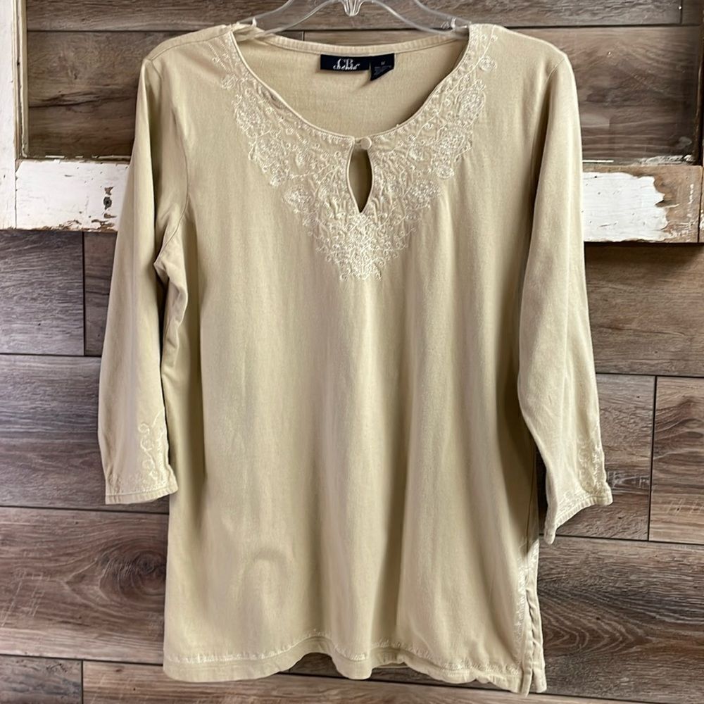 CB Casual Ladies Embroidered Cotton Top, Size Medium, Tan And White